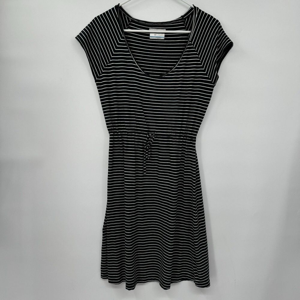 Columbia S PFG Omni-Wick Dress Womens Black White Striped Drawstring Casual
